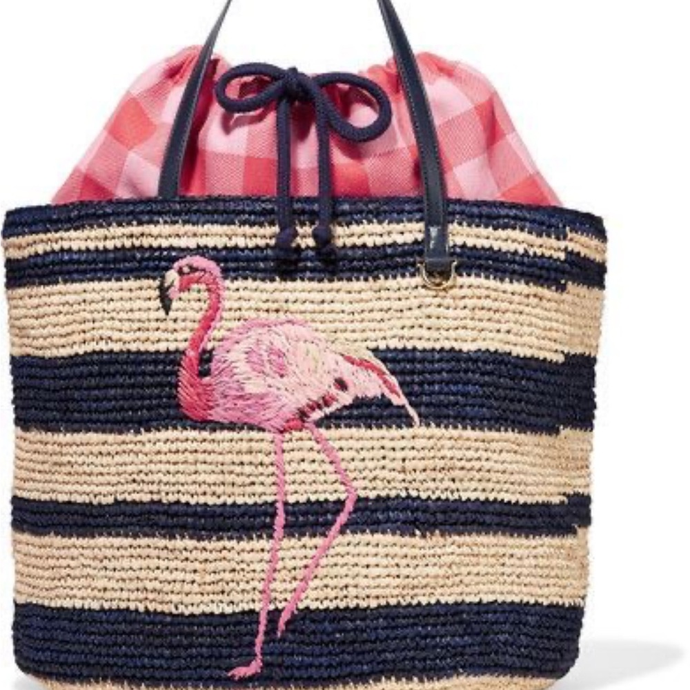 Draper James - Leather-trimmed Embroidered Crocheted Flamingo Straw Tote - NWT
